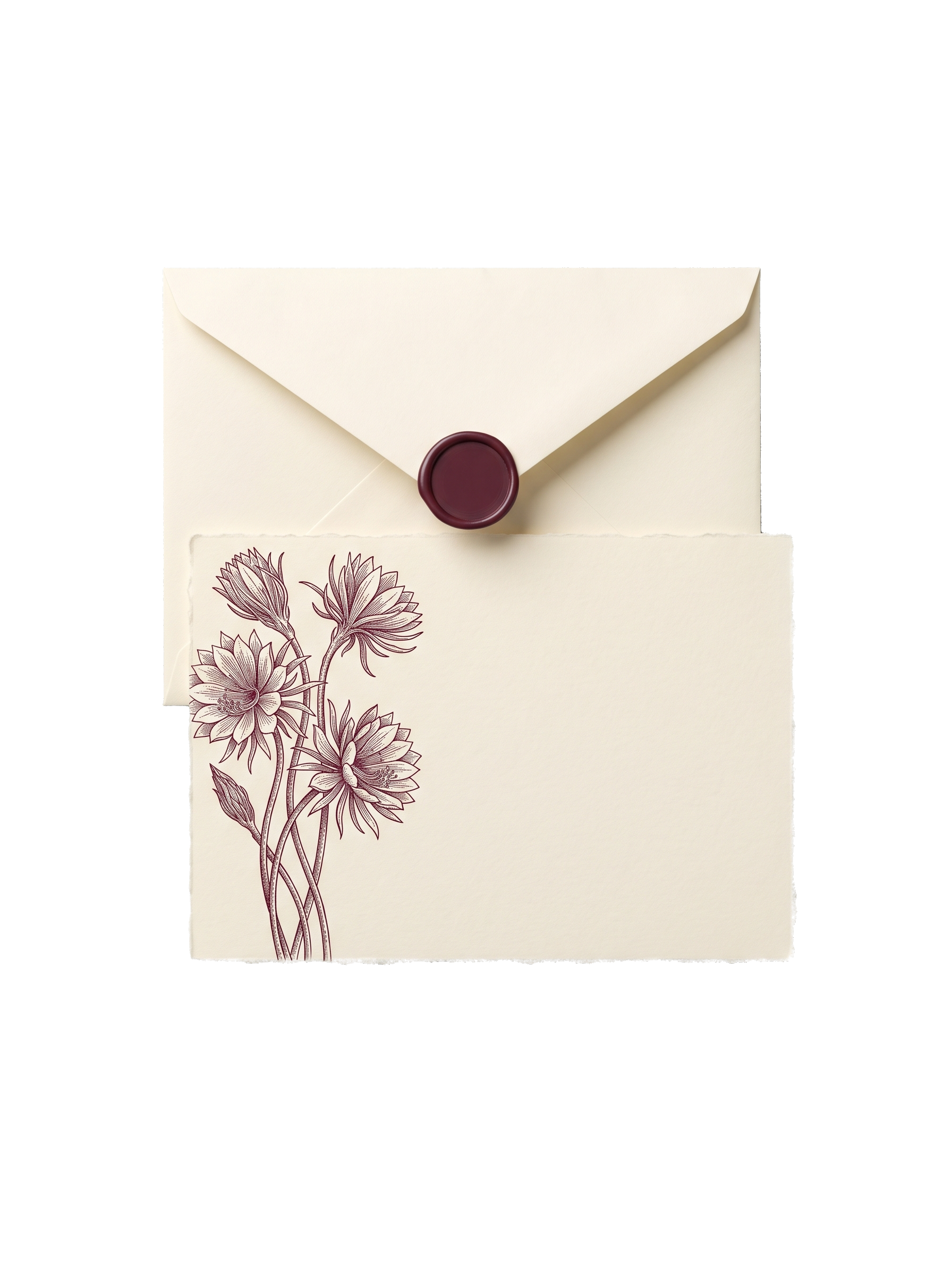A cream card with a botanical illustration, resting in its opened envelope
